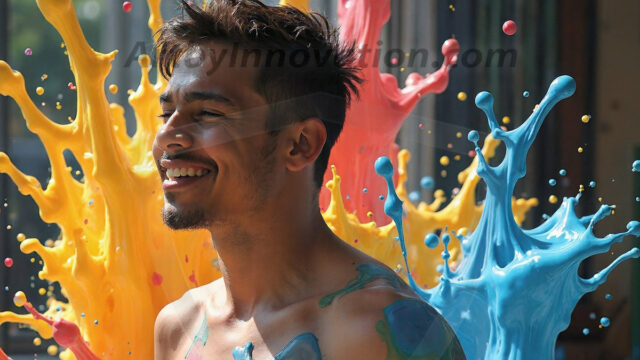Paint Splat Fun - Hot men having fun with body paint. AI-generated abstract art featuring beautiful, handsome, sexy, shirtless, men, boys, lads, full of excitement joy and fun, covered in body paint, dynamic, interactive, Combining elements of realism with surreal abstract qualities, showcasing the potential of AI in artistic expression. Photos of guys, just smiling, happy, and having a good time. Most of them are smiling because a paint bomb just blow up next to them, so I'm calling is Abstract Art. When paint attacks and makes people happy, it's Art!
