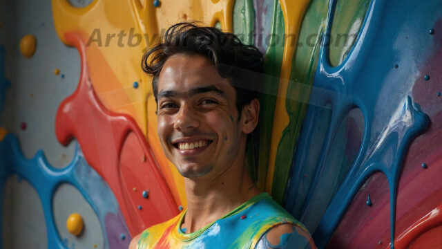 Paint Splat Fun - Hot men having fun with body paint. AI-generated abstract art featuring beautiful, handsome, sexy, shirtless, men, boys, lads, full of excitement joy and fun, covered in body paint, dynamic, interactive, Combining elements of realism with surreal abstract qualities, showcasing the potential of AI in artistic expression. Photos of guys, just smiling, happy, and having a good time. Most of them are smiling because a paint bomb just blow up next to them, so I'm calling is Abstract Art. When paint attacks and makes people happy, it's Art!