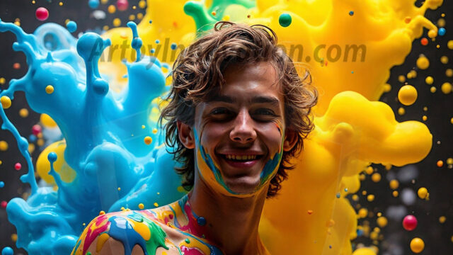 Paint Splat Fun - Hot men having fun with body paint. AI-generated abstract art featuring beautiful, handsome, sexy, shirtless, men, boys, lads, full of excitement joy and fun, covered in body paint, dynamic, interactive, Combining elements of realism with surreal abstract qualities, showcasing the potential of AI in artistic expression. Photos of guys, just smiling, happy, and having a good time. Most of them are smiling because a paint bomb just blow up next to them, so I'm calling is Abstract Art. When paint attacks and makes people happy, it's Art!