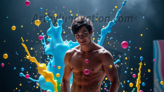 Paint Splat Fun - Hot men having fun with body paint. AI-generated abstract art featuring beautiful, handsome, sexy, shirtless, men, boys, lads, full of excitement joy and fun, covered in body paint, dynamic, interactive, Combining elements of realism with surreal abstract qualities, showcasing the potential of AI in artistic expression. Photos of guys, just smiling, happy, and having a good time. Most of them are smiling because a paint bomb just blow up next to them, so I'm calling is Abstract Art. When paint attacks and makes people happy, it's Art!