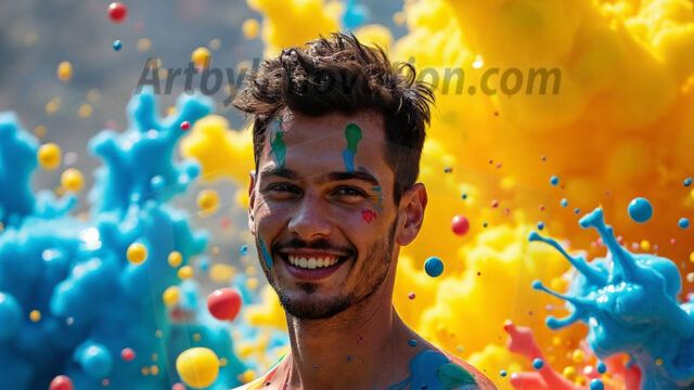 Paint Splat Fun - Hot men having fun with body paint. AI-generated abstract art featuring beautiful, handsome, sexy, shirtless, men, boys, lads, full of excitement joy and fun, covered in body paint, dynamic, interactive, Combining elements of realism with surreal abstract qualities, showcasing the potential of AI in artistic expression. Photos of guys, just smiling, happy, and having a good time. Most of them are smiling because a paint bomb just blow up next to them, so I'm calling is Abstract Art. When paint attacks and makes people happy, it's Art!