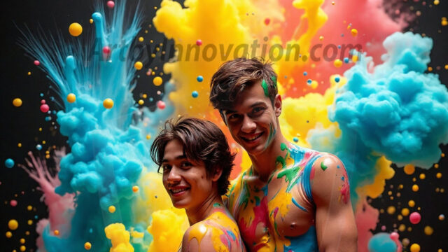 Paint Splat Fun - Hot men having fun with body paint. AI-generated abstract art featuring beautiful, handsome, sexy, shirtless, men, boys, lads, full of excitement joy and fun, covered in body paint, dynamic, interactive, Combining elements of realism with surreal abstract qualities, showcasing the potential of AI in artistic expression. Photos of guys, just smiling, happy, and having a good time. Most of them are smiling because a paint bomb just blow up next to them, so I'm calling is Abstract Art. When paint attacks and makes people happy, it's Art!