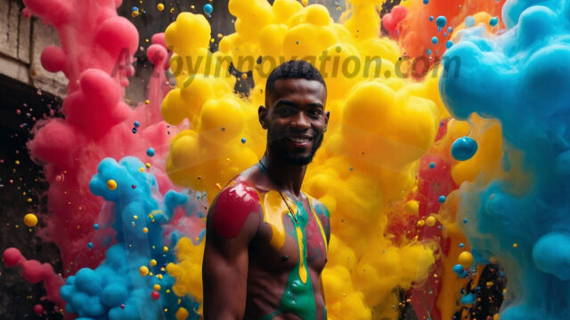 Paint Splat Fun - Hot men having fun with body paint. AI-generated abstract art featuring beautiful, handsome, sexy, shirtless, men, boys, lads, full of excitement joy and fun, covered in body paint, dynamic, interactive, Combining elements of realism with surreal abstract qualities, showcasing the potential of AI in artistic expression. Photos of guys, just smiling, happy, and having a good time. Most of them are smiling because a paint bomb just blow up next to them, so I'm calling is Abstract Art. When paint attacks and makes people happy, it's Art!
