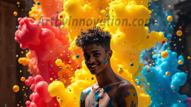 Paint Splat Fun - Hot men having fun with body paint. AI-generated abstract art featuring beautiful, handsome, sexy, shirtless, men, boys, lads, full of excitement joy and fun, covered in body paint, dynamic, interactive, Combining elements of realism with surreal abstract qualities, showcasing the potential of AI in artistic expression. Photos of guys, just smiling, happy, and having a good time. Most of them are smiling because a paint bomb just blow up next to them, so I'm calling is Abstract Art. When paint attacks and makes people happy, it's Art!