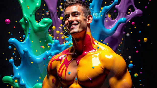 Paint Splat Fun - Hot men having fun with body paint. AI-generated abstract art featuring beautiful, handsome, sexy, shirtless, men, boys, lads, full of excitement joy and fun, covered in body paint, dynamic, interactive, Combining elements of realism with surreal abstract qualities, showcasing the potential of AI in artistic expression. Photos of guys, just smiling, happy, and having a good time. Most of them are smiling because a paint bomb just blow up next to them, so I'm calling is Abstract Art. When paint attacks and makes people happy, it's Art!