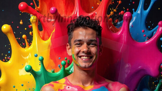 Paint Splat Fun - Hot men having fun with body paint. AI-generated abstract art featuring beautiful, handsome, sexy, shirtless, men, boys, lads, full of excitement joy and fun, covered in body paint, dynamic, interactive, Combining elements of realism with surreal abstract qualities, showcasing the potential of AI in artistic expression. Photos of guys, just smiling, happy, and having a good time. Most of them are smiling because a paint bomb just blow up next to them, so I'm calling is Abstract Art. When paint attacks and makes people happy, it's Art!