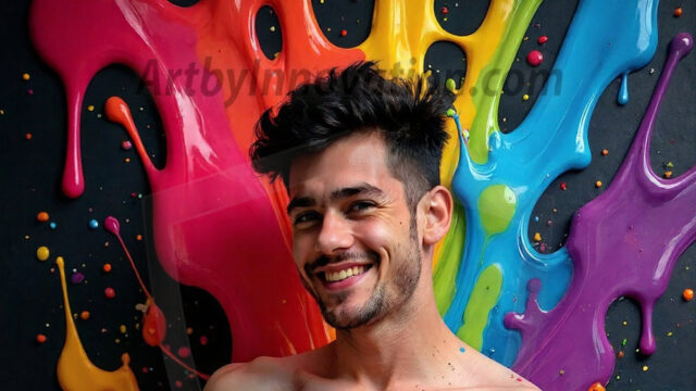 Paint Splat Fun - Hot men having fun with body paint. AI-generated abstract art featuring beautiful, handsome, sexy, shirtless, men, boys, lads, full of excitement joy and fun, covered in body paint, dynamic, interactive, Combining elements of realism with surreal abstract qualities, showcasing the potential of AI in artistic expression. Photos of guys, just smiling, happy, and having a good time. Most of them are smiling because a paint bomb just blow up next to them, so I'm calling is Abstract Art. When paint attacks and makes people happy, it's Art!