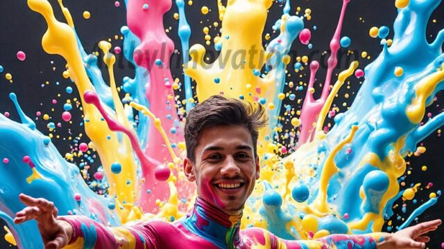 Paint Splat Fun - Hot men having fun with body paint. AI-generated abstract art featuring beautiful, handsome, sexy, shirtless, men, boys, lads, full of excitement joy and fun, covered in body paint, dynamic, interactive, Combining elements of realism with surreal abstract qualities, showcasing the potential of AI in artistic expression. Photos of guys, just smiling, happy, and having a good time. Most of them are smiling because a paint bomb just blow up next to them, so I'm calling is Abstract Art. When paint attacks and makes people happy, it's Art!