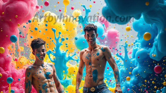 Paint Splat Fun - Hot men having fun with body paint. AI-generated abstract art featuring beautiful, handsome, sexy, shirtless, men, boys, lads, full of excitement joy and fun, covered in body paint, dynamic, interactive, Combining elements of realism with surreal abstract qualities, showcasing the potential of AI in artistic expression. Photos of guys, just smiling, happy, and having a good time. Most of them are smiling because a paint bomb just blow up next to them, so I'm calling is Abstract Art. When paint attacks and makes people happy, it's Art!