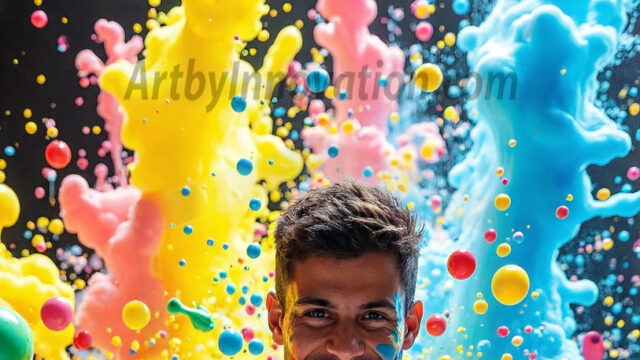 Paint Splat Fun - Hot men having fun with body paint. AI-generated abstract art featuring beautiful, handsome, sexy, shirtless, men, boys, lads, full of excitement joy and fun, covered in body paint, dynamic, interactive, Combining elements of realism with surreal abstract qualities, showcasing the potential of AI in artistic expression. Photos of guys, just smiling, happy, and having a good time. Most of them are smiling because a paint bomb just blow up next to them, so I'm calling is Abstract Art. When paint attacks and makes people happy, it's Art!