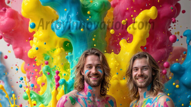 Paint Splat Fun - Hot men having fun with body paint. AI-generated abstract art featuring beautiful, handsome, sexy, shirtless, men, boys, lads, full of excitement joy and fun, covered in body paint, dynamic, interactive, Combining elements of realism with surreal abstract qualities, showcasing the potential of AI in artistic expression. Photos of guys, just smiling, happy, and having a good time. Most of them are smiling because a paint bomb just blow up next to them, so I'm calling is Abstract Art. When paint attacks and makes people happy, it's Art!
