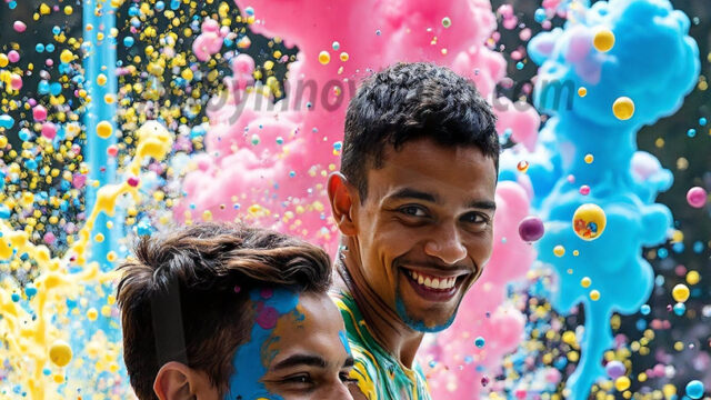 Paint Splat Fun - Hot men having fun with body paint. AI-generated abstract art featuring beautiful, handsome, sexy, shirtless, men, boys, lads, full of excitement joy and fun, covered in body paint, dynamic, interactive, Combining elements of realism with surreal abstract qualities, showcasing the potential of AI in artistic expression. Photos of guys, just smiling, happy, and having a good time. Most of them are smiling because a paint bomb just blow up next to them, so I'm calling is Abstract Art. When paint attacks and makes people happy, it's Art!