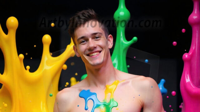 Paint Splat Fun - Hot men having fun with body paint. AI-generated abstract art featuring beautiful, handsome, sexy, shirtless, men, boys, lads, full of excitement joy and fun, covered in body paint, dynamic, interactive, Combining elements of realism with surreal abstract qualities, showcasing the potential of AI in artistic expression. Photos of guys, just smiling, happy, and having a good time. Most of them are smiling because a paint bomb just blow up next to them, so I'm calling is Abstract Art. When paint attacks and makes people happy, it's Art!