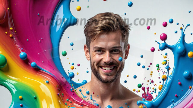 Paint Splat Fun - Hot men having fun with body paint. AI-generated abstract art featuring beautiful, handsome, sexy, shirtless, men, boys, lads, full of excitement joy and fun, covered in body paint, dynamic, interactive, Combining elements of realism with surreal abstract qualities, showcasing the potential of AI in artistic expression. Photos of guys, just smiling, happy, and having a good time. Most of them are smiling because a paint bomb just blow up next to them, so I'm calling is Abstract Art. When paint attacks and makes people happy, it's Art!