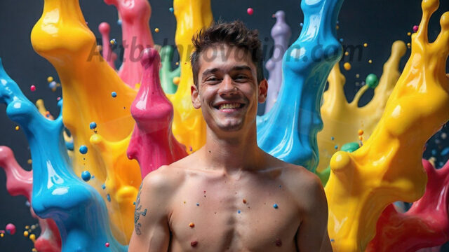 Paint Splat Fun - Hot men having fun with body paint. AI-generated abstract art featuring beautiful, handsome, sexy, shirtless, men, boys, lads, full of excitement joy and fun, covered in body paint, dynamic, interactive, Combining elements of realism with surreal abstract qualities, showcasing the potential of AI in artistic expression. Photos of guys, just smiling, happy, and having a good time. Most of them are smiling because a paint bomb just blow up next to them, so I'm calling is Abstract Art. When paint attacks and makes people happy, it's Art!