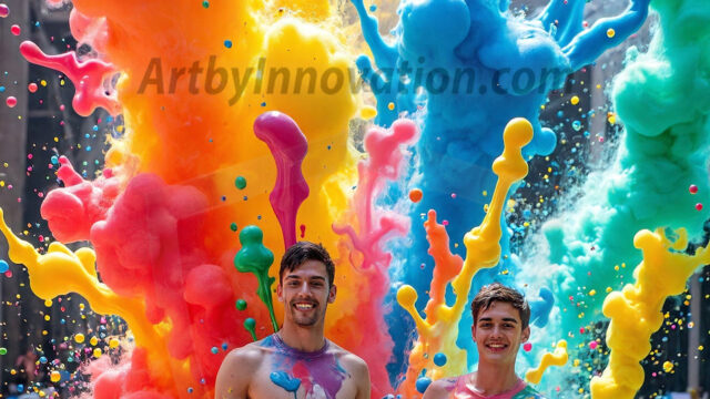 Paint Splat Fun - Hot men having fun with body paint. AI-generated abstract art featuring beautiful, handsome, sexy, shirtless, men, boys, lads, full of excitement joy and fun, covered in body paint, dynamic, interactive, Combining elements of realism with surreal abstract qualities, showcasing the potential of AI in artistic expression. Photos of guys, just smiling, happy, and having a good time. Most of them are smiling because a paint bomb just blow up next to them, so I'm calling is Abstract Art. When paint attacks and makes people happy, it's Art!