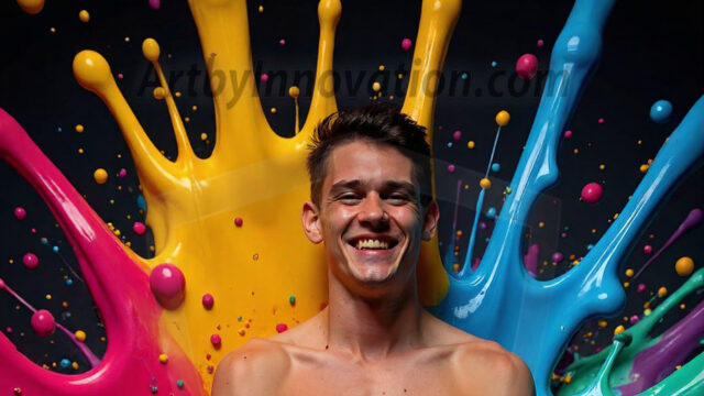Paint Splat Fun - Hot men having fun with body paint. AI-generated abstract art featuring beautiful, handsome, sexy, shirtless, men, boys, lads, full of excitement joy and fun, covered in body paint, dynamic, interactive, Combining elements of realism with surreal abstract qualities, showcasing the potential of AI in artistic expression. Photos of guys, just smiling, happy, and having a good time. Most of them are smiling because a paint bomb just blow up next to them, so I'm calling is Abstract Art. When paint attacks and makes people happy, it's Art!