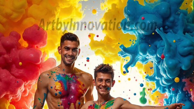 Paint Splat Fun - Hot men having fun with body paint. AI-generated abstract art featuring beautiful, handsome, sexy, shirtless, men, boys, lads, full of excitement joy and fun, covered in body paint, dynamic, interactive, Combining elements of realism with surreal abstract qualities, showcasing the potential of AI in artistic expression. Photos of guys, just smiling, happy, and having a good time. Most of them are smiling because a paint bomb just blow up next to them, so I'm calling is Abstract Art. When paint attacks and makes people happy, it's Art!