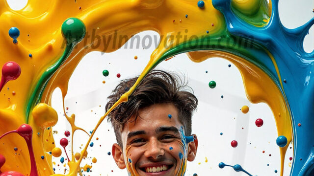 Paint Splat Fun - Hot men having fun with body paint. AI-generated abstract art featuring beautiful, handsome, sexy, shirtless, men, boys, lads, full of excitement joy and fun, covered in body paint, dynamic, interactive, Combining elements of realism with surreal abstract qualities, showcasing the potential of AI in artistic expression. Photos of guys, just smiling, happy, and having a good time. Most of them are smiling because a paint bomb just blow up next to them, so I'm calling is Abstract Art. When paint attacks and makes people happy, it's Art!