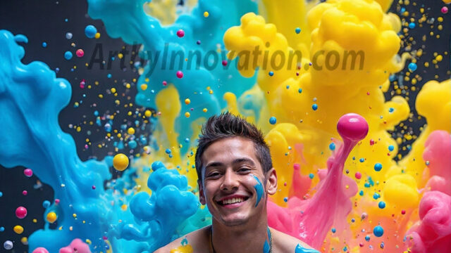 Paint Splat Fun - Hot men having fun with body paint. AI-generated abstract art featuring beautiful, handsome, sexy, shirtless, men, boys, lads, full of excitement joy and fun, covered in body paint, dynamic, interactive, Combining elements of realism with surreal abstract qualities, showcasing the potential of AI in artistic expression. Photos of guys, just smiling, happy, and having a good time. Most of them are smiling because a paint bomb just blow up next to them, so I'm calling is Abstract Art. When paint attacks and makes people happy, it's Art!