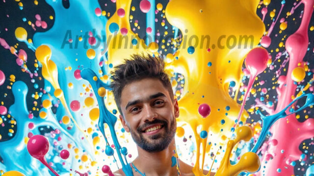 Paint Splat Fun - Hot men having fun with body paint. AI-generated abstract art featuring beautiful, handsome, sexy, shirtless, men, boys, lads, full of excitement joy and fun, covered in body paint, dynamic, interactive, Combining elements of realism with surreal abstract qualities, showcasing the potential of AI in artistic expression. Photos of guys, just smiling, happy, and having a good time. Most of them are smiling because a paint bomb just blow up next to them, so I'm calling is Abstract Art. When paint attacks and makes people happy, it's Art!