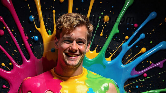 Paint Splat Fun - Hot men having fun with body paint. AI-generated abstract art featuring beautiful, handsome, sexy, shirtless, men, boys, lads, full of excitement joy and fun, covered in body paint, dynamic, interactive, Combining elements of realism with surreal abstract qualities, showcasing the potential of AI in artistic expression. Photos of guys, just smiling, happy, and having a good time. Most of them are smiling because a paint bomb just blow up next to them, so I'm calling is Abstract Art. When paint attacks and makes people happy, it's Art!