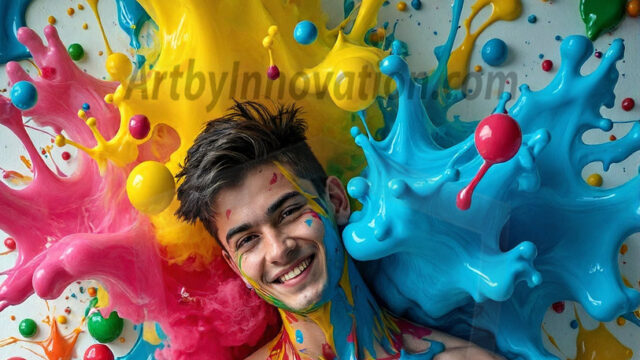 Paint Splat Fun - Hot men having fun with body paint. AI-generated abstract art featuring beautiful, handsome, sexy, shirtless, men, boys, lads, full of excitement joy and fun, covered in body paint, dynamic, interactive, Combining elements of realism with surreal abstract qualities, showcasing the potential of AI in artistic expression. Photos of guys, just smiling, happy, and having a good time. Most of them are smiling because a paint bomb just blow up next to them, so I'm calling is Abstract Art. When paint attacks and makes people happy, it's Art!