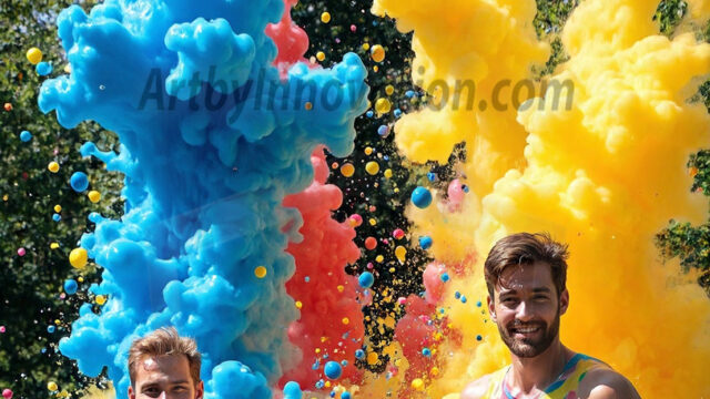 Paint Splat Fun - Hot men having fun with body paint. AI-generated abstract art featuring beautiful, handsome, sexy, shirtless, men, boys, lads, full of excitement joy and fun, covered in body paint, dynamic, interactive, Combining elements of realism with surreal abstract qualities, showcasing the potential of AI in artistic expression. Photos of guys, just smiling, happy, and having a good time. Most of them are smiling because a paint bomb just blow up next to them, so I'm calling is Abstract Art. When paint attacks and makes people happy, it's Art!
