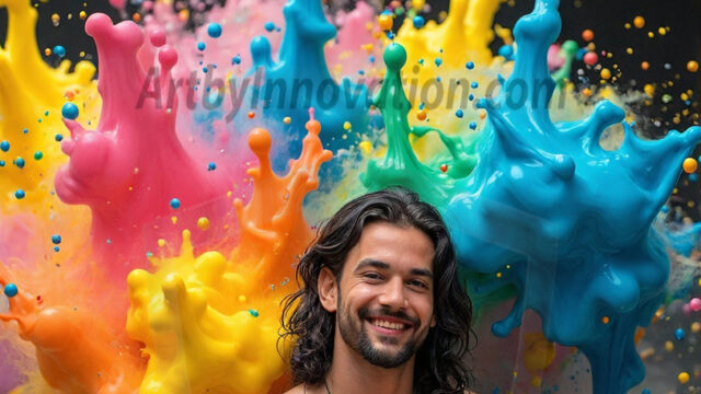 Paint Splat Fun - Hot men having fun with body paint. AI-generated abstract art featuring beautiful, handsome, sexy, shirtless, men, boys, lads, full of excitement joy and fun, covered in body paint, dynamic, interactive, Combining elements of realism with surreal abstract qualities, showcasing the potential of AI in artistic expression. Photos of guys, just smiling, happy, and having a good time. Most of them are smiling because a paint bomb just blow up next to them, so I'm calling is Abstract Art. When paint attacks and makes people happy, it's Art!