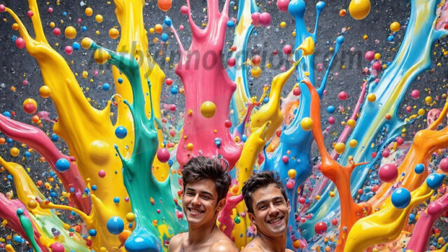 Paint Splat Fun - Hot men having fun with body paint. AI-generated abstract art featuring beautiful, handsome, sexy, shirtless, men, boys, lads, full of excitement joy and fun, covered in body paint, dynamic, interactive, Combining elements of realism with surreal abstract qualities, showcasing the potential of AI in artistic expression. Photos of guys, just smiling, happy, and having a good time. Most of them are smiling because a paint bomb just blow up next to them, so I'm calling is Abstract Art. When paint attacks and makes people happy, it's Art!