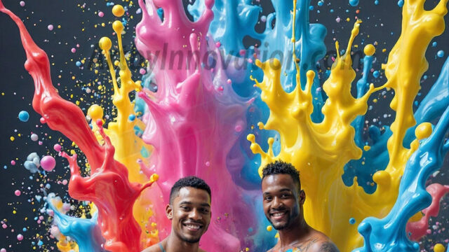 Paint Splat Fun - Hot men having fun with body paint. AI-generated abstract art featuring beautiful, handsome, sexy, shirtless, men, boys, lads, full of excitement joy and fun, covered in body paint, dynamic, interactive, Combining elements of realism with surreal abstract qualities, showcasing the potential of AI in artistic expression. Photos of guys, just smiling, happy, and having a good time. Most of them are smiling because a paint bomb just blow up next to them, so I'm calling is Abstract Art. When paint attacks and makes people happy, it's Art!
