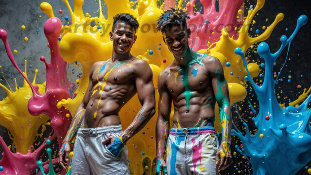 Paint Splat Fun - Hot men having fun with body paint. AI-generated abstract art featuring beautiful, handsome, sexy, shirtless, men, boys, lads, full of excitement joy and fun, covered in body paint, dynamic, interactive, Combining elements of realism with surreal abstract qualities, showcasing the potential of AI in artistic expression. Photos of guys, just smiling, happy, and having a good time. Most of them are smiling because a paint bomb just blow up next to them, so I'm calling is Abstract Art. When paint attacks and makes people happy, it's Art!