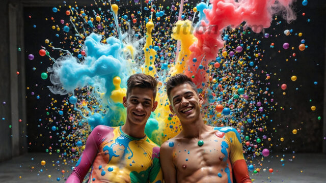 Paint Splat Fun - Hot men having fun with body paint. AI-generated abstract art featuring beautiful, handsome, sexy, shirtless, men, boys, lads, full of excitement joy and fun, covered in body paint, dynamic, interactive, Combining elements of realism with surreal abstract qualities, showcasing the potential of AI in artistic expression. Photos of guys, just smiling, happy, and having a good time. Most of them are smiling because a paint bomb just blow up next to them, so I'm calling is Abstract Art. When paint attacks and makes people happy, it's Art!