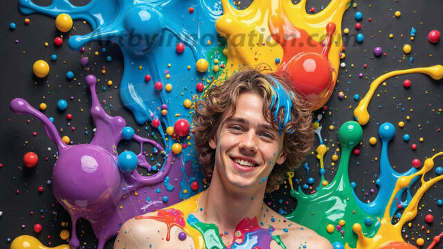 Paint Splat Fun - Hot men having fun with body paint. AI-generated abstract art featuring beautiful, handsome, sexy, shirtless, men, boys, lads, full of excitement joy and fun, covered in body paint, dynamic, interactive, Combining elements of realism with surreal abstract qualities, showcasing the potential of AI in artistic expression. Photos of guys, just smiling, happy, and having a good time. Most of them are smiling because a paint bomb just blow up next to them, so I'm calling is Abstract Art. When paint attacks and makes people happy, it's Art!