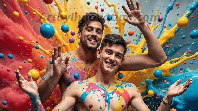Paint Splat Fun - Hot men having fun with body paint. AI-generated abstract art featuring beautiful, handsome, sexy, shirtless, men, boys, lads, full of excitement joy and fun, covered in body paint, dynamic, interactive, Combining elements of realism with surreal abstract qualities, showcasing the potential of AI in artistic expression. Photos of guys, just smiling, happy, and having a good time. Most of them are smiling because a paint bomb just blow up next to them, so I'm calling is Abstract Art. When paint attacks and makes people happy, it's Art!
