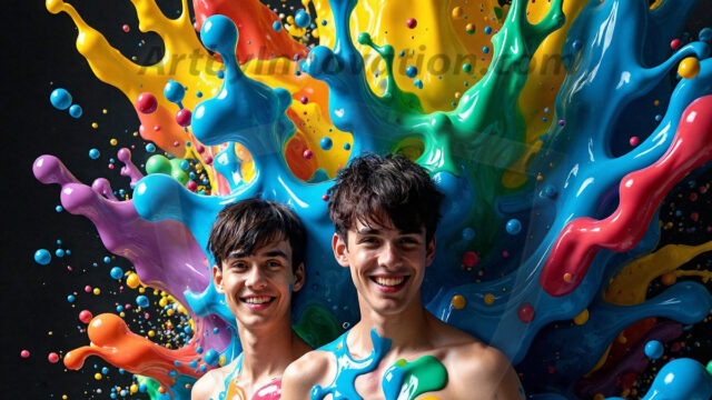 Paint Splat Fun - Hot men having fun with body paint. AI-generated abstract art featuring beautiful, handsome, sexy, shirtless, men, boys, lads, full of excitement joy and fun, covered in body paint, dynamic, interactive, Combining elements of realism with surreal abstract qualities, showcasing the potential of AI in artistic expression. Photos of guys, just smiling, happy, and having a good time. Most of them are smiling because a paint bomb just blow up next to them, so I'm calling is Abstract Art. When paint attacks and makes people happy, it's Art!