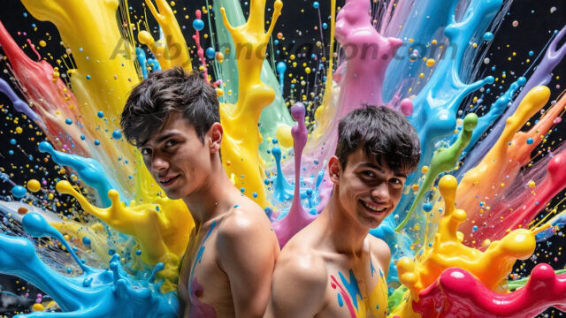 Paint Splat Fun - Hot men having fun with body paint. AI-generated abstract art featuring beautiful, handsome, sexy, shirtless, men, boys, lads, full of excitement joy and fun, covered in body paint, dynamic, interactive, Combining elements of realism with surreal abstract qualities, showcasing the potential of AI in artistic expression. Photos of guys, just smiling, happy, and having a good time. Most of them are smiling because a paint bomb just blow up next to them, so I'm calling is Abstract Art. When paint attacks and makes people happy, it's Art!