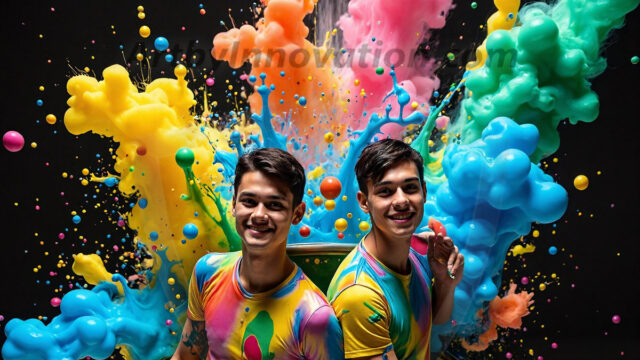 Paint Splat Fun - Hot men having fun with body paint. AI-generated abstract art featuring beautiful, handsome, sexy, shirtless, men, boys, lads, full of excitement joy and fun, covered in body paint, dynamic, interactive, Combining elements of realism with surreal abstract qualities, showcasing the potential of AI in artistic expression. Photos of guys, just smiling, happy, and having a good time. Most of them are smiling because a paint bomb just blow up next to them, so I'm calling is Abstract Art. When paint attacks and makes people happy, it's Art!