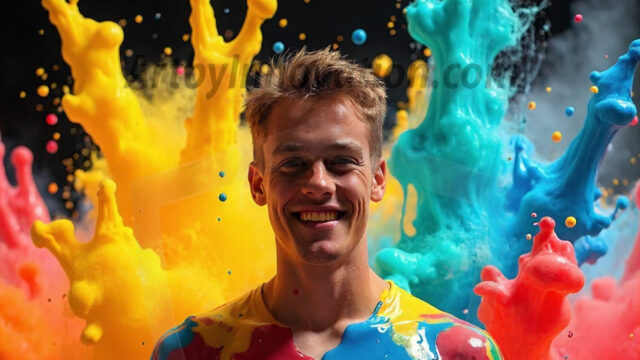 Paint Splat Fun - Hot men having fun with body paint. AI-generated abstract art featuring beautiful, handsome, sexy, shirtless, men, boys, lads, full of excitement joy and fun, covered in body paint, dynamic, interactive, Combining elements of realism with surreal abstract qualities, showcasing the potential of AI in artistic expression. Photos of guys, just smiling, happy, and having a good time. Most of them are smiling because a paint bomb just blow up next to them, so I'm calling is Abstract Art. When paint attacks and makes people happy, it's Art!