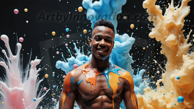 Paint Splat Fun - Hot men having fun with body paint. AI-generated abstract art featuring beautiful, handsome, sexy, shirtless, men, boys, lads, full of excitement joy and fun, covered in body paint, dynamic, interactive, Combining elements of realism with surreal abstract qualities, showcasing the potential of AI in artistic expression. Photos of guys, just smiling, happy, and having a good time. Most of them are smiling because a paint bomb just blow up next to them, so I'm calling is Abstract Art. When paint attacks and makes people happy, it's Art!