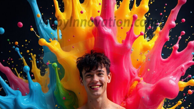 Paint Splat Fun - Hot men having fun with body paint. AI-generated abstract art featuring beautiful, handsome, sexy, shirtless, men, boys, lads, full of excitement joy and fun, covered in body paint, dynamic, interactive, Combining elements of realism with surreal abstract qualities, showcasing the potential of AI in artistic expression. Photos of guys, just smiling, happy, and having a good time. Most of them are smiling because a paint bomb just blow up next to them, so I'm calling is Abstract Art. When paint attacks and makes people happy, it's Art!