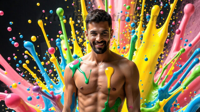 Paint Splat Fun - Hot men having fun with body paint. AI-generated abstract art featuring beautiful, handsome, sexy, shirtless, men, boys, lads, full of excitement joy and fun, covered in body paint, dynamic, interactive, Combining elements of realism with surreal abstract qualities, showcasing the potential of AI in artistic expression. Photos of guys, just smiling, happy, and having a good time. Most of them are smiling because a paint bomb just blow up next to them, so I'm calling is Abstract Art. When paint attacks and makes people happy, it's Art!