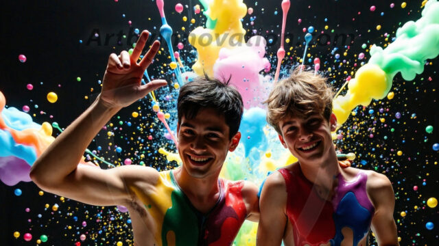 Paint Splat Fun - Hot men having fun with body paint. AI-generated abstract art featuring beautiful, handsome, sexy, shirtless, men, boys, lads, full of excitement joy and fun, covered in body paint, dynamic, interactive, Combining elements of realism with surreal abstract qualities, showcasing the potential of AI in artistic expression. Photos of guys, just smiling, happy, and having a good time. Most of them are smiling because a paint bomb just blow up next to them, so I'm calling is Abstract Art. When paint attacks and makes people happy, it's Art!