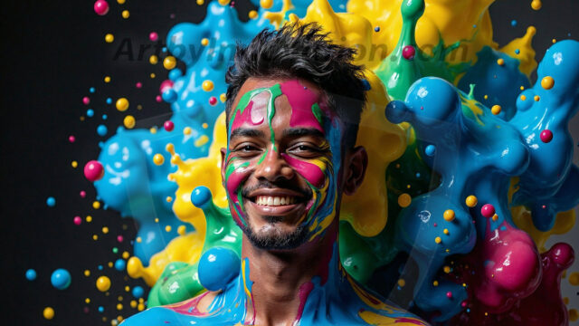 Paint Splat Fun - Hot men having fun with body paint. AI-generated abstract art featuring beautiful, handsome, sexy, shirtless, men, boys, lads, full of excitement joy and fun, covered in body paint, dynamic, interactive, Combining elements of realism with surreal abstract qualities, showcasing the potential of AI in artistic expression. Photos of guys, just smiling, happy, and having a good time. Most of them are smiling because a paint bomb just blow up next to them, so I'm calling is Abstract Art. When paint attacks and makes people happy, it's Art!