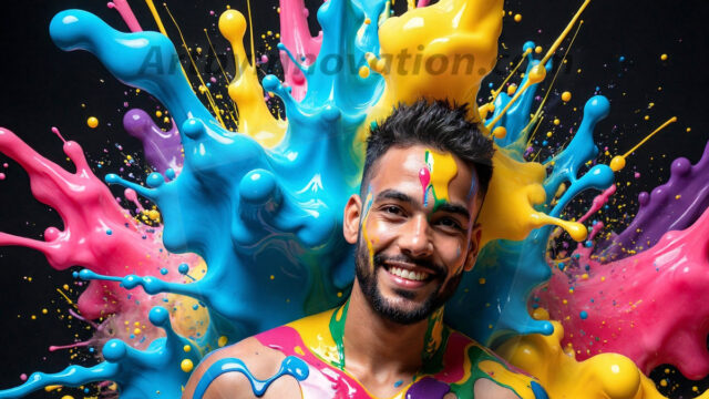 Paint Splat Fun - Hot men having fun with body paint. AI-generated abstract art featuring beautiful, handsome, sexy, shirtless, men, boys, lads, full of excitement joy and fun, covered in body paint, dynamic, interactive, Combining elements of realism with surreal abstract qualities, showcasing the potential of AI in artistic expression. Photos of guys, just smiling, happy, and having a good time. Most of them are smiling because a paint bomb just blow up next to them, so I'm calling is Abstract Art. When paint attacks and makes people happy, it's Art!