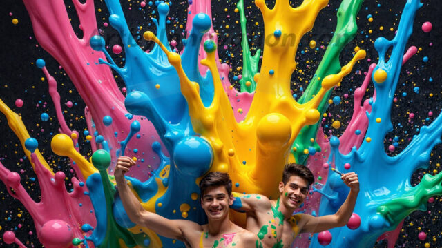 Paint Splat Fun - Hot men having fun with body paint. AI-generated abstract art featuring beautiful, handsome, sexy, shirtless, men, boys, lads, full of excitement joy and fun, covered in body paint, dynamic, interactive, Combining elements of realism with surreal abstract qualities, showcasing the potential of AI in artistic expression. Photos of guys, just smiling, happy, and having a good time. Most of them are smiling because a paint bomb just blow up next to them, so I'm calling is Abstract Art. When paint attacks and makes people happy, it's Art!