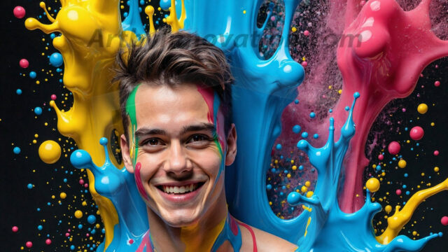 Paint Splat Fun - Hot men having fun with body paint. AI-generated abstract art featuring beautiful, handsome, sexy, shirtless, men, boys, lads, full of excitement joy and fun, covered in body paint, dynamic, interactive, Combining elements of realism with surreal abstract qualities, showcasing the potential of AI in artistic expression. Photos of guys, just smiling, happy, and having a good time. Most of them are smiling because a paint bomb just blow up next to them, so I'm calling is Abstract Art. When paint attacks and makes people happy, it's Art!