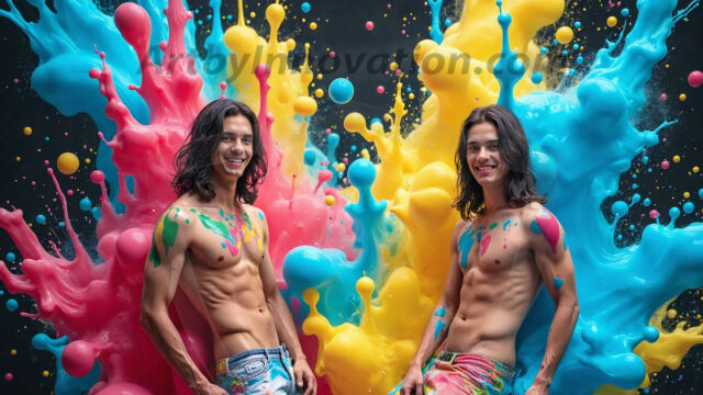 Paint Splat Fun - Hot men having fun with body paint. AI-generated abstract art featuring beautiful, handsome, sexy, shirtless, men, boys, lads, full of excitement joy and fun, covered in body paint, dynamic, interactive, Combining elements of realism with surreal abstract qualities, showcasing the potential of AI in artistic expression. Photos of guys, just smiling, happy, and having a good time. Most of them are smiling because a paint bomb just blow up next to them, so I'm calling is Abstract Art. When paint attacks and makes people happy, it's Art!