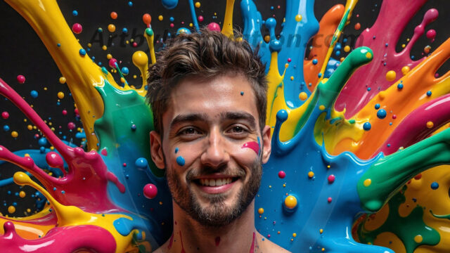 Paint Splat Fun - Hot men having fun with body paint. AI-generated abstract art featuring beautiful, handsome, sexy, shirtless, men, boys, lads, full of excitement joy and fun, covered in body paint, dynamic, interactive, Combining elements of realism with surreal abstract qualities, showcasing the potential of AI in artistic expression. Photos of guys, just smiling, happy, and having a good time. Most of them are smiling because a paint bomb just blow up next to them, so I'm calling is Abstract Art. When paint attacks and makes people happy, it's Art!