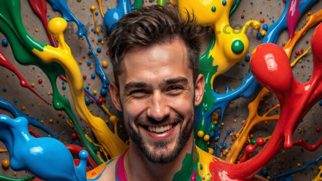 Paint Splat Fun - Hot men having fun with body paint. AI-generated abstract art featuring beautiful, handsome, sexy, shirtless, men, boys, lads, full of excitement joy and fun, covered in body paint, dynamic, interactive, Combining elements of realism with surreal abstract qualities, showcasing the potential of AI in artistic expression. Photos of guys, just smiling, happy, and having a good time. Most of them are smiling because a paint bomb just blow up next to them, so I'm calling is Abstract Art. When paint attacks and makes people happy, it's Art!